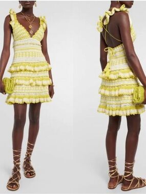 Zimmermann Yellow Crochet Tiered Mini Dress Size 0